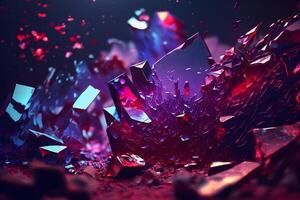 Abstract art background with part of surreal ruby gemstone crystal with prism reflection in fractal triangles structure in purple colors. Neural network photo