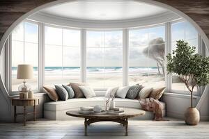 Beach living on Sea view interior with big windows. Neural network photo