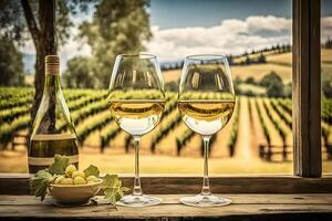 a glass of white wine, ripe grapes on the background of a vineyard. Neural network photo