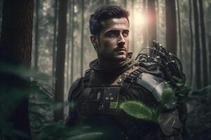 Futuristic soldier on a mission in the jungle. Neural network photo