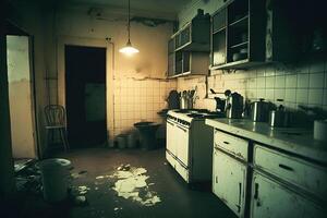 Compulsive Hoarding Syndrom - messy kitchen with pile of dirty dishes. Neural network photo