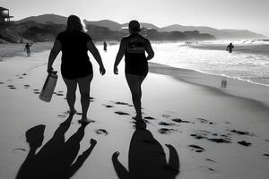 Two plus size overweight sisters twins women happy and proud of their bodies walking at the beach on summer holidays. Neural network photo