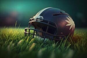 American football helmet on green grass. Neural network art photo