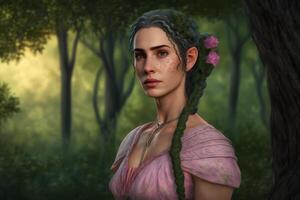 Beautiful woman with long braids in the forest. Neural network photo