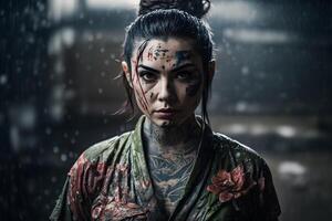 japonés geisha con tatuaje. neural red ai generado foto