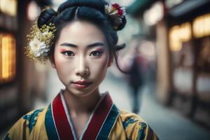 retrato de un japonés mujer en nacional ropa. neural red ai generado foto