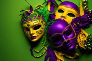 Group of venetian mardi gras mask or disguise on a colorful bright background. Neural network generated art photo