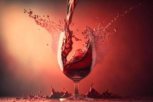 Glass with splash of red wine on black background. Neural network generated art photo