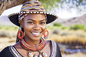 retrato de un hermosa africano mujer en étnico estilo. neural red ai generado foto