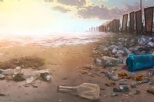 Spilled garbage on beach of big city. Empty used dirty plastic bottles. Dirty sea sandy shore the Black Sea. Environmental pollution. Ecological problem. Neural network photo