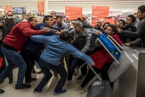 Crowd of people on black friday fighting for promotional goods. Neural network photo