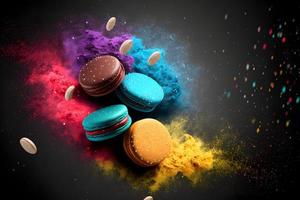 Colorful macarons with sugar powder explosion moment on black background. Neural network generated art photo