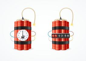 Realistic Detailed 3d Red Detonate Dynamite Bomb Stick and Different Timer Clock Set. Vector