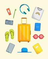 Cartoon Color Travel Suitcase Packing Luggage Elements Set. Vector