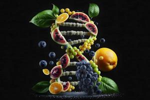 GMO food and Genetically modified crops or engineered agriculture concepts fruit and vegetables. Neural network generated art photo