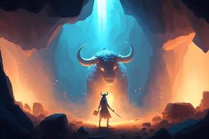 Theseus found the creature minotaur in cave labyrinth greek mythology tale. Neural network generated art photo