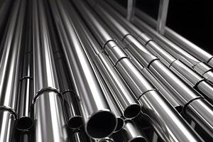 high quality Galvanized steel pipe or Aluminum and chrome stainless pipes in stack waiting for shipment in warehouse. Neural network AI generated photo