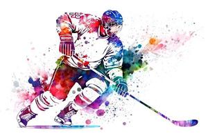 Sportsman playing hockey on watercolor rainbow splash. Neural network generated art photo