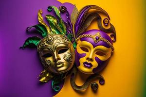 Group of venetian mardi gras mask or disguise on a colorful bright background. Neural network generated art photo