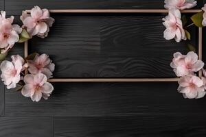Spring seasonal of pink sakura branch with wooden table stand ,flower background. Neural network photo