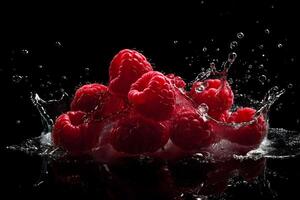 Raspberries and water splash on dark background. Neural network photo
