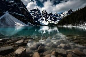 Fantastic evening panorama of crystal lake. Neural network photo