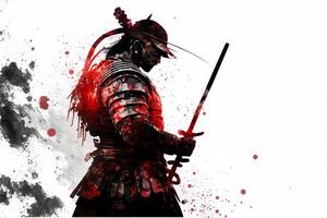 A thoughtful samurai in armor stands in profile against the abstract red and white background. Neural network generated art photo