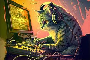 Cat as video game live stream gamer use PC computer for entertainment. Neural network generated art photo