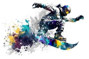 Man snowboarder jump on snowboard with rainbown watercolor splash isolated on white background. Neural network generated art photo