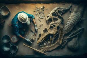 Archaeologist works on an archaeological site with dinosaur skeleton in wall stone fossil tyrannosaurus excavations. Neural network photo