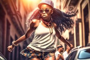 Young afrcan american female dancer dancing hip hop dance. Neural network photo