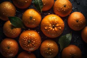 fresh orange fruits with leaves as background, top view. Neural network photo