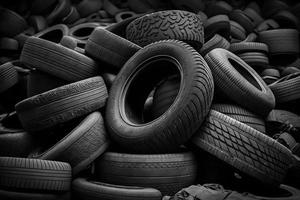 Big pile of used old car tires for recycling. Neural network generated art photo