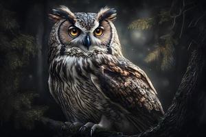 European eagle owl perched on a post and staring forward against a dark background the eyes are penetrating the viewer. Neural network generated art photo