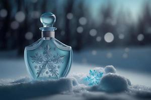 perfume botella en el nieve, invierno, Fresco frío fragancia concepto. neural red generado Arte foto
