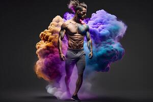 Male athlete in colorful smoke on black background. Neural network photo