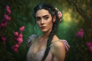 Beautiful woman with long braids in the forest. Neural network photo