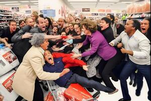 Crowd of people on black friday fighting for promotional goods. Neural network photo