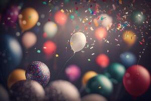 Background of holiday balloons and confetti. Neural network photo