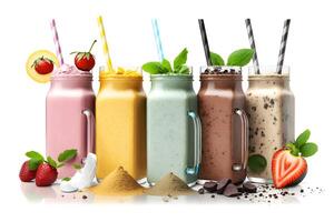 Collection of colorful delicious fruit smoothies isolated on white background. Neural network photo