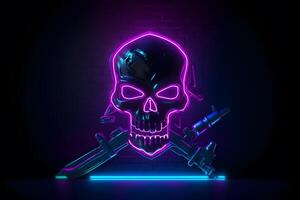 Purple punk cyber human skull with weapon. Neural network photo