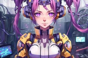 Portrait of a beautiful girl with purple hair in anime style. Neural network photo