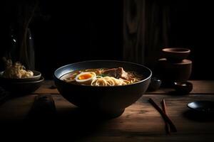 Japanese ramen soup with chicken, egg, chives and sprout on dark wooden. Neural network photo