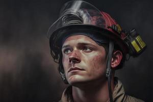 Portrait of firefighter dirty face in special helmet and firefighters uniform. Neural network generated art photo