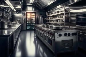 Professional restaurant kitchen interior with cooking supply and electronics. Neural network generated art photo