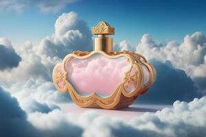 beautiful perfume bottle against the background of the sky and clouds. Neural network art photo