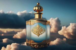 beautiful perfume bottle against the background of the sky and clouds. Neural network generated art photo