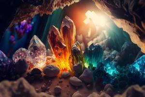 hermosa salvaje cristal estalactitas y estalagmitas en cueva. neural red generado Arte foto