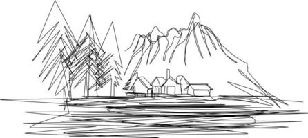 One-line art. One continues line art. a village and mountain vector