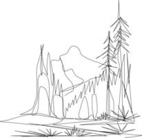 una línea Arte. uno continúa línea Arte. dibujo de un árbol y montaña vector